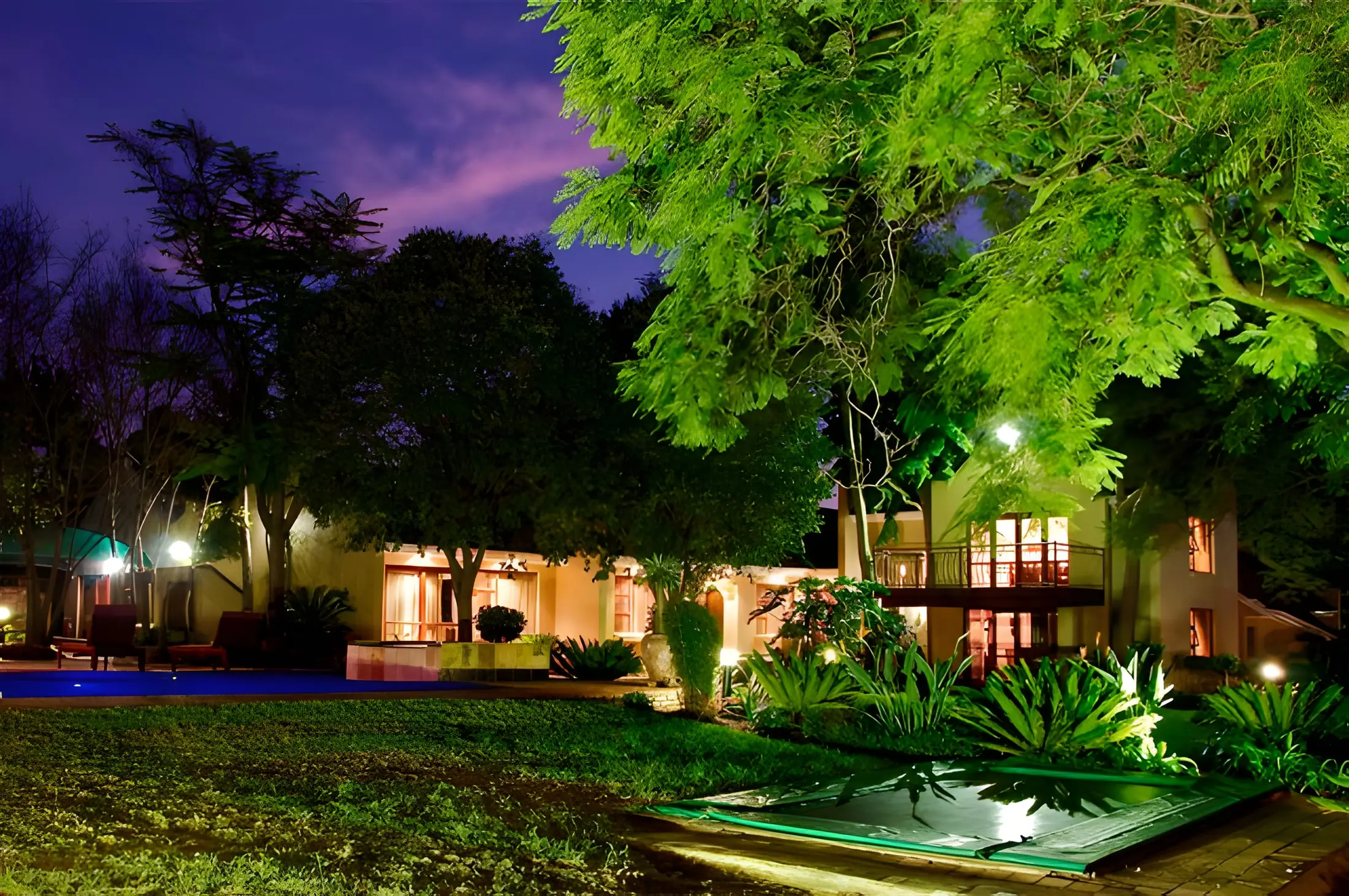 The garden at night: the lawn and old trees lit up, the house behind